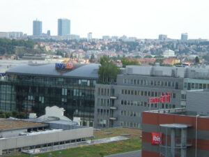 A view of city buildings from above.